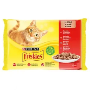 Friskies 4x85g Macskaeledel válogatás szószban-  Csirkével, Marhával, Báránnyal, Kacsával